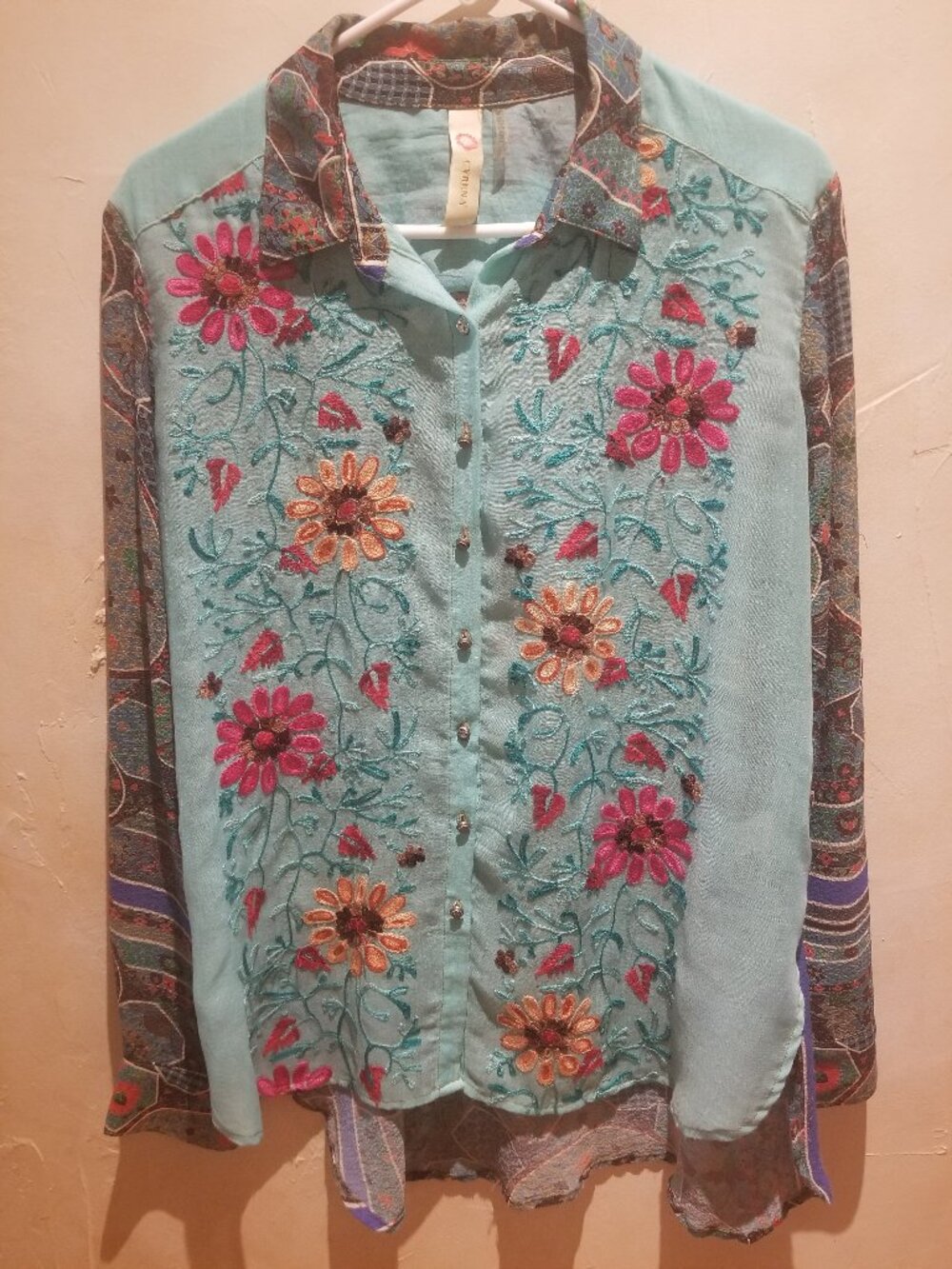 CYRENA WOMEN'S BLUE TURQUOISE LONG SLEEVE EMBROIDERED BOHO SHIRT SZ S